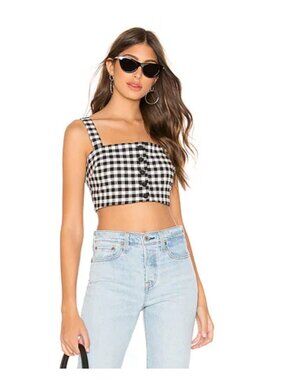 NWT L'ACADEMIE Womens L The Odette Crop Top Black/White Gingham Check Revolve